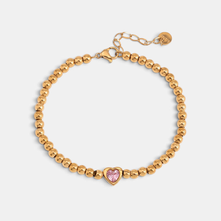 Pink Heart Gold Bead Armband - 18k Goud Verguld